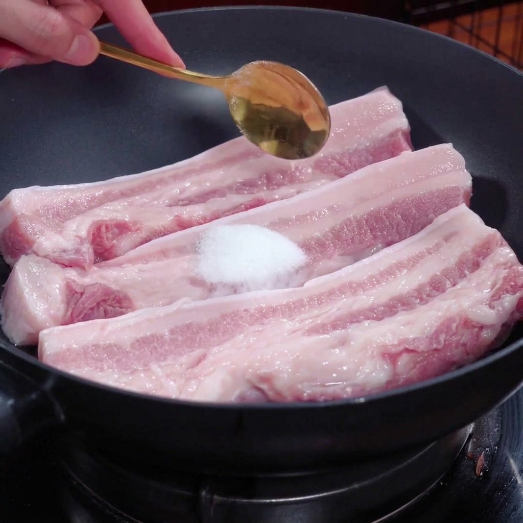 Una cuchara dorada sostiene una porción de sal blanca sobre las tiras de panceta cruda colocadas en una olla negra.