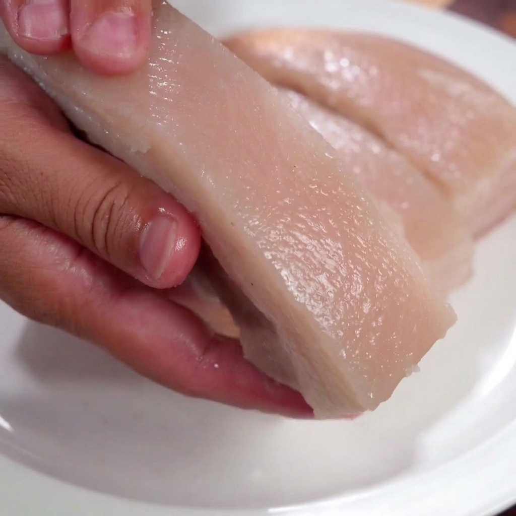 Primer plano de una mano que sostiene un trozo de panceta cocida mientras frota sal y aplica vinagre blanco sobre el lado de la piel.
