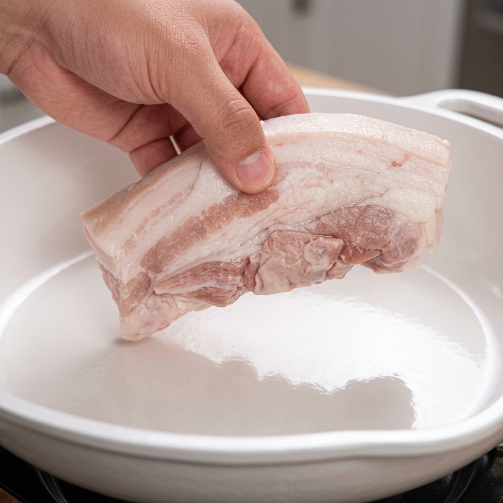 Una mano deposita una tira gruesa de panceta sazonada en una sartén limpia con revestimiento cerámico blanco, sin añadir aceite.