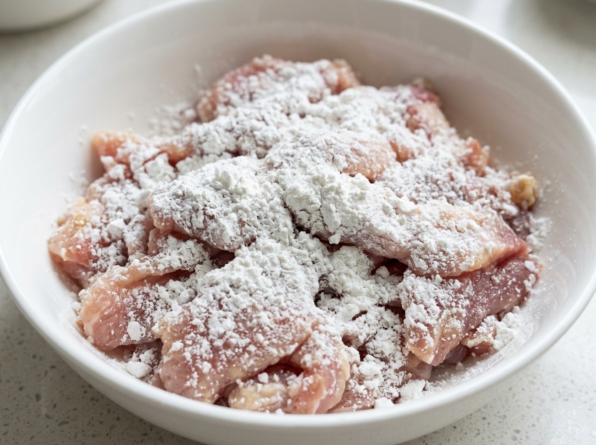 Harina de batata gruesa y blanca espolvoreada uniformemente sobre tiras de cerdo crudo marinado en un bol blanco.
