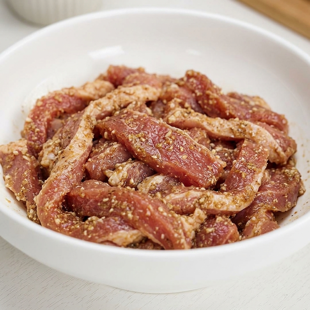 Tiras de cerdo crudo marinado cubiertas de forma homogénea con una capa espesa y pegajosa de harina de batata y condimentos en un bol blanco.