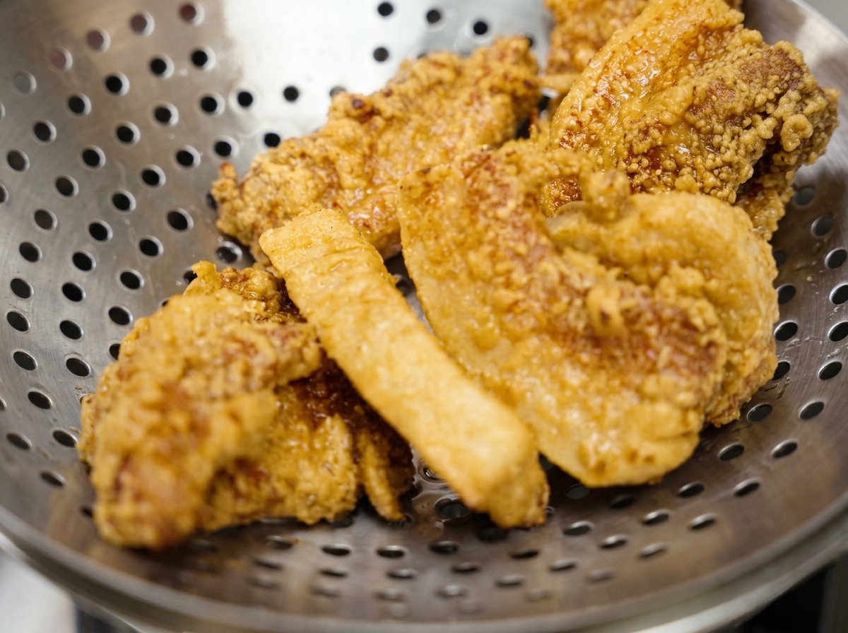 Una espumadera de metal con varios trozos de cerdo frito dorado recién sacados, escurriéndose sobre la sartén de aceite.