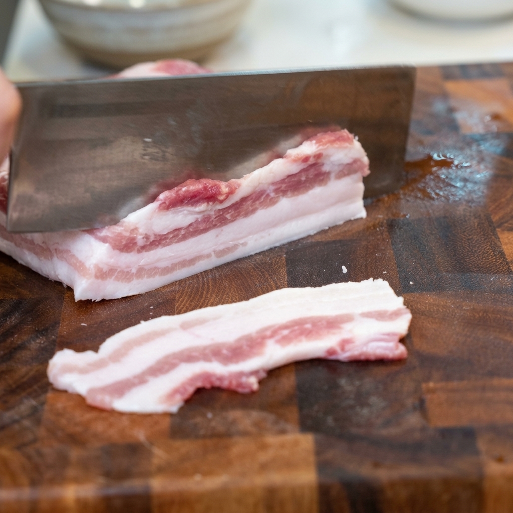 Un cuchillo afilado cortando un trozo de panceta de cerdo cruda sobre una tabla de madera oscura.