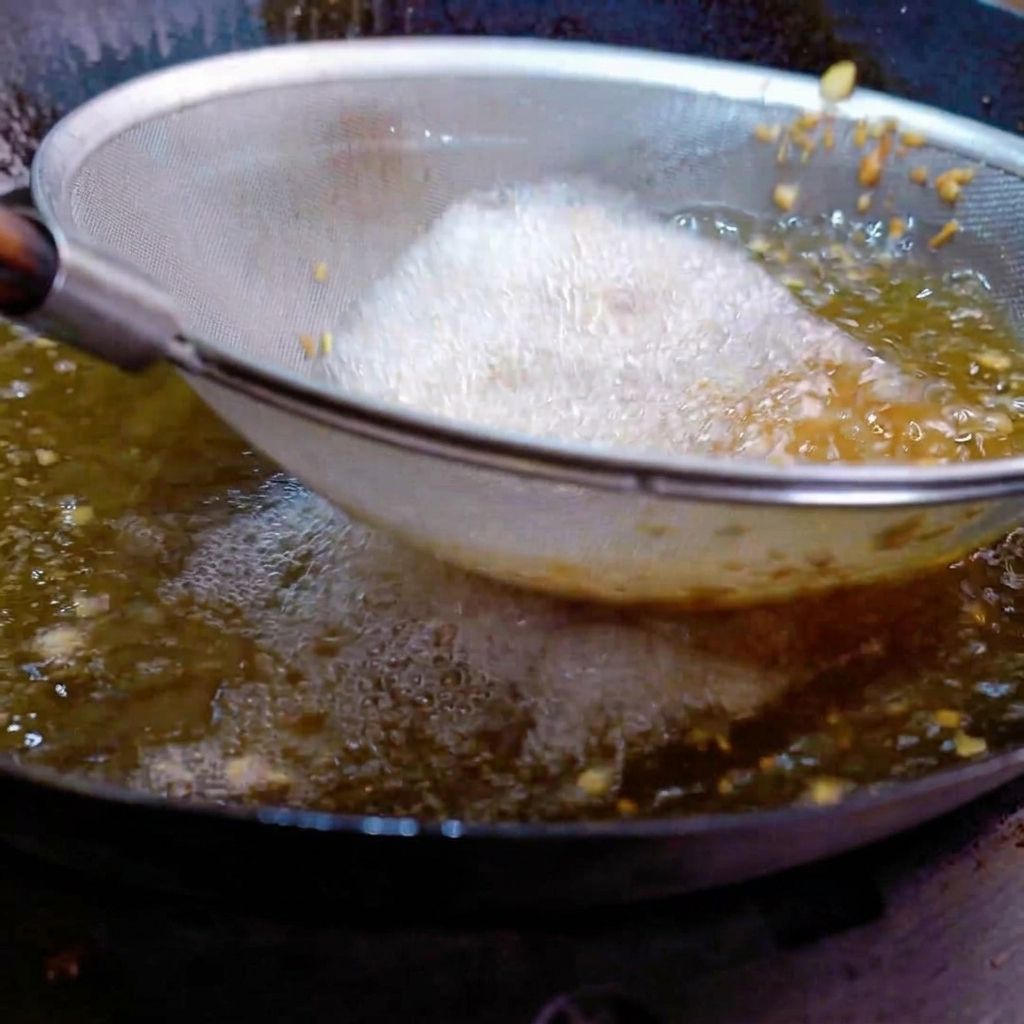 Ajo picado friéndose dentro de un colador de malla metálica sumergido en aceite de cocina caliente.