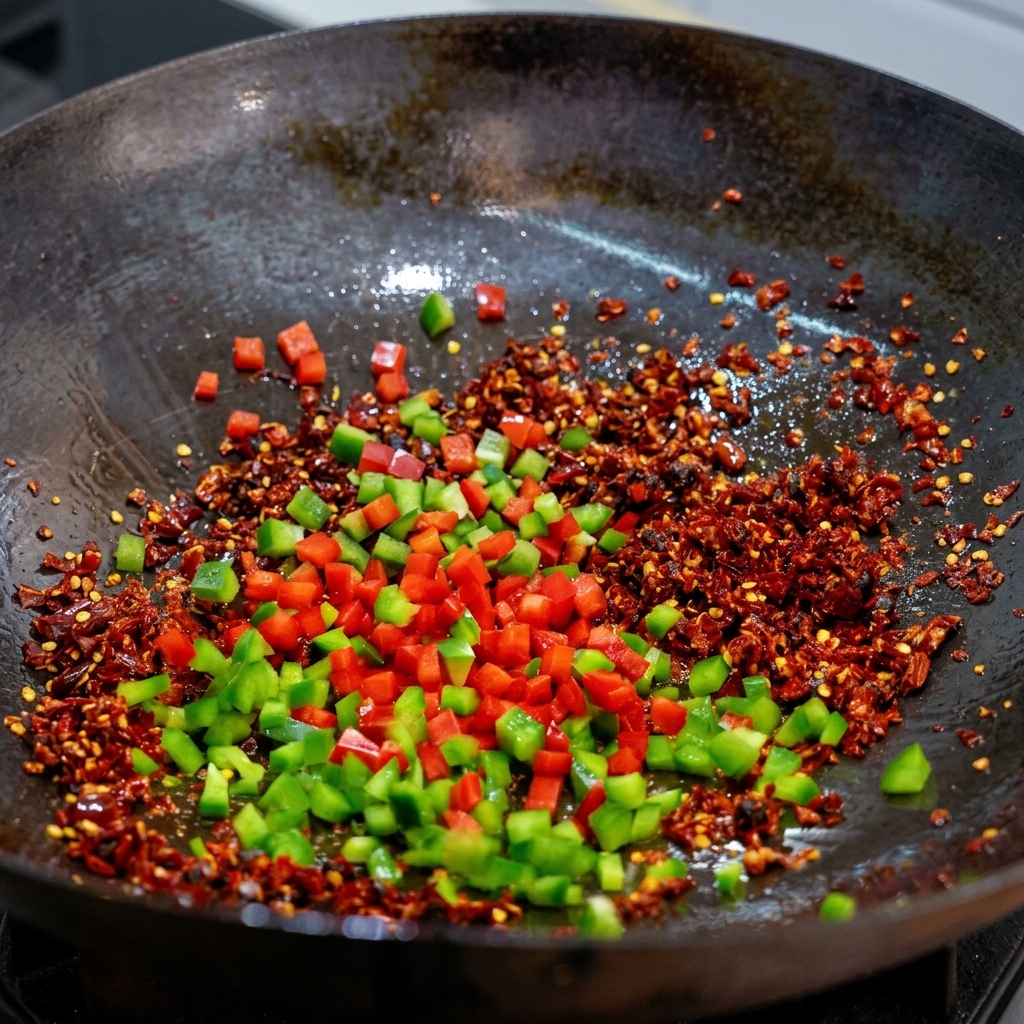 Chiles rojos y verdes picados salteándose con chiles secos y frijoles negros en un wok oscuro.