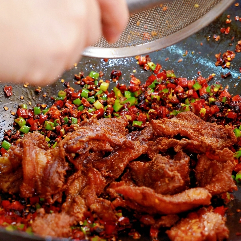 Trozos de panceta crujiente agregándose desde un colador a un wok lleno de chiles salteados y aromáticos.
