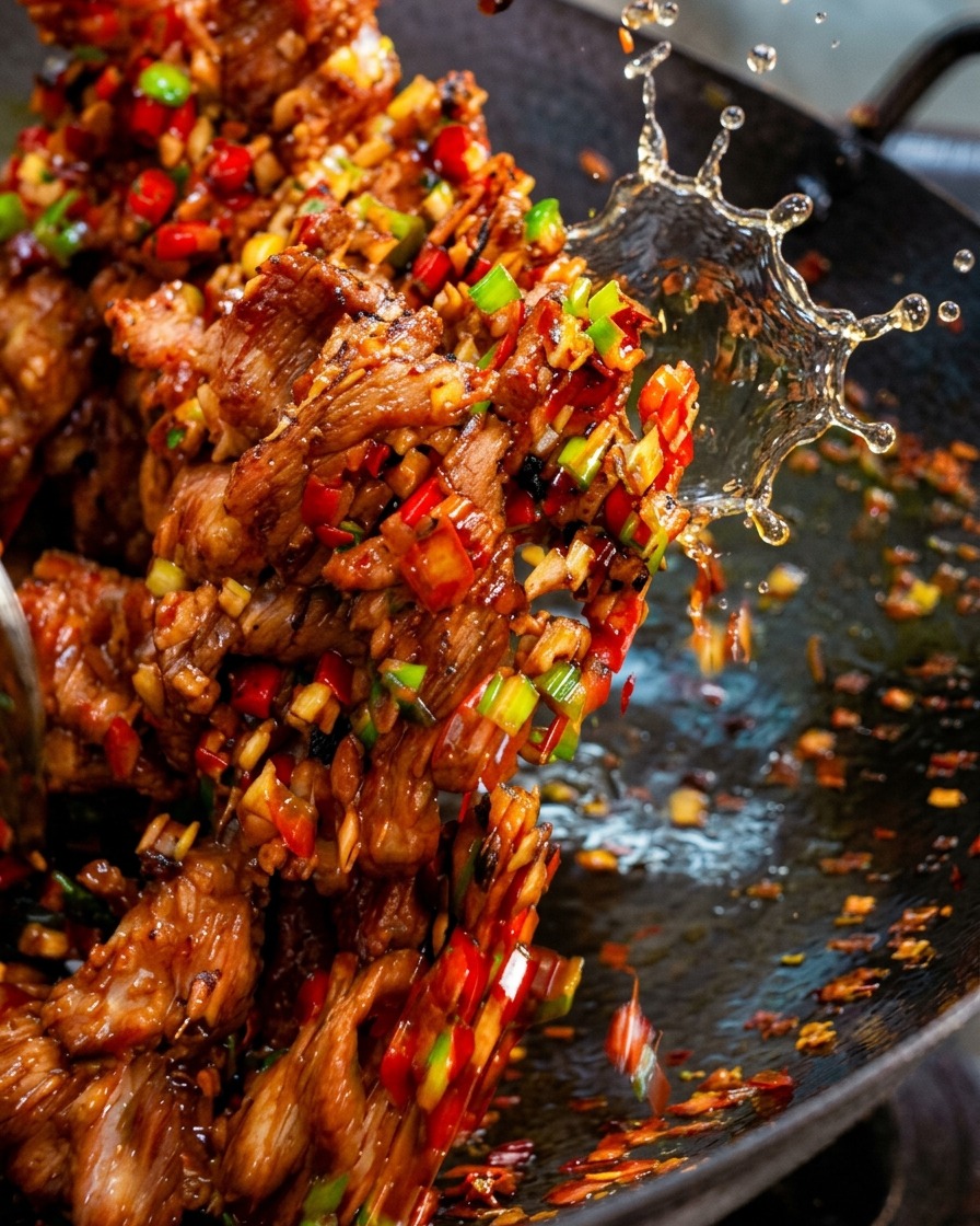 Láminas de panceta y chiles de colores salteándose dinámicamente en un wok a fuego alto con gotas de aceite saltando.