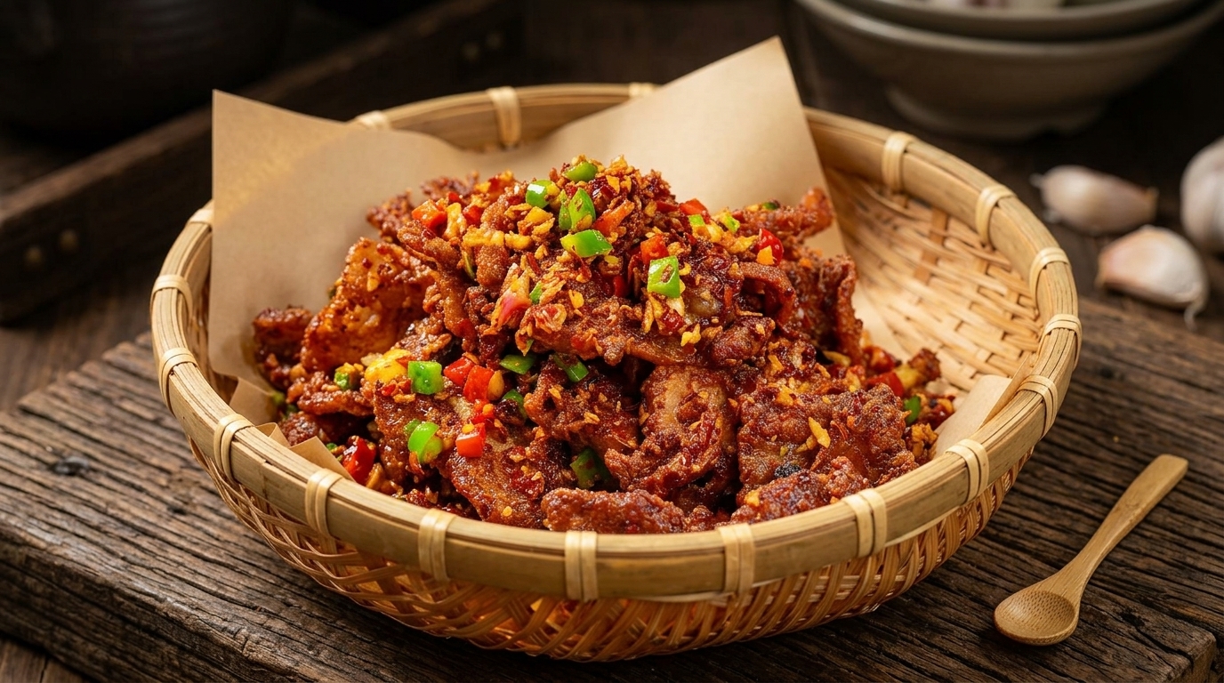 Panceta de cerdo crujiente picante con ajo (Suan Xiang La Rou)
