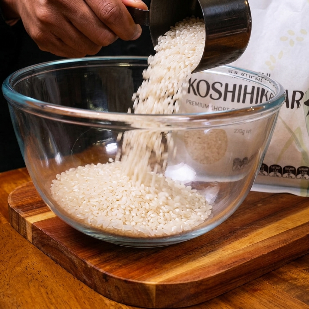Una persona vertiendo arroz blanco para sushi de grano corto desde una taza medidora metálica en un bol de vidrio transparente.