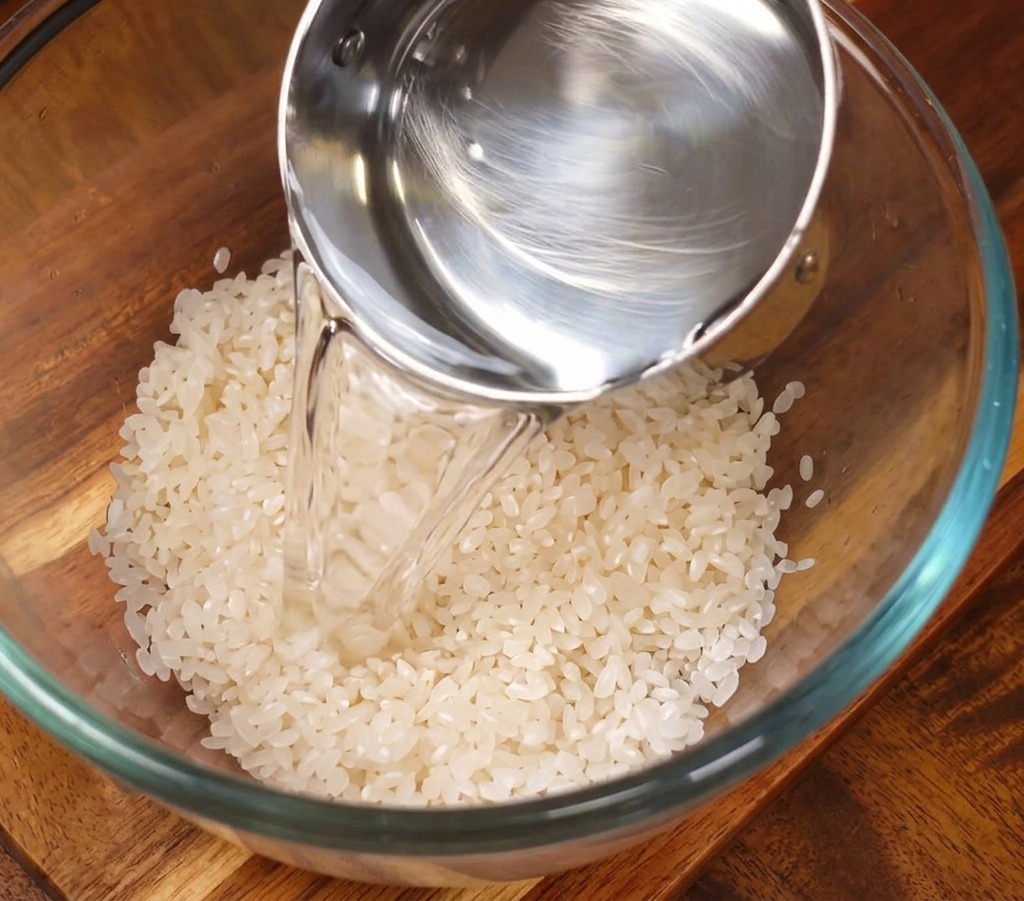Agua limpia vertiéndose desde una taza medidora de acero inoxidable en un bol de vidrio con arroz blanco lavado.