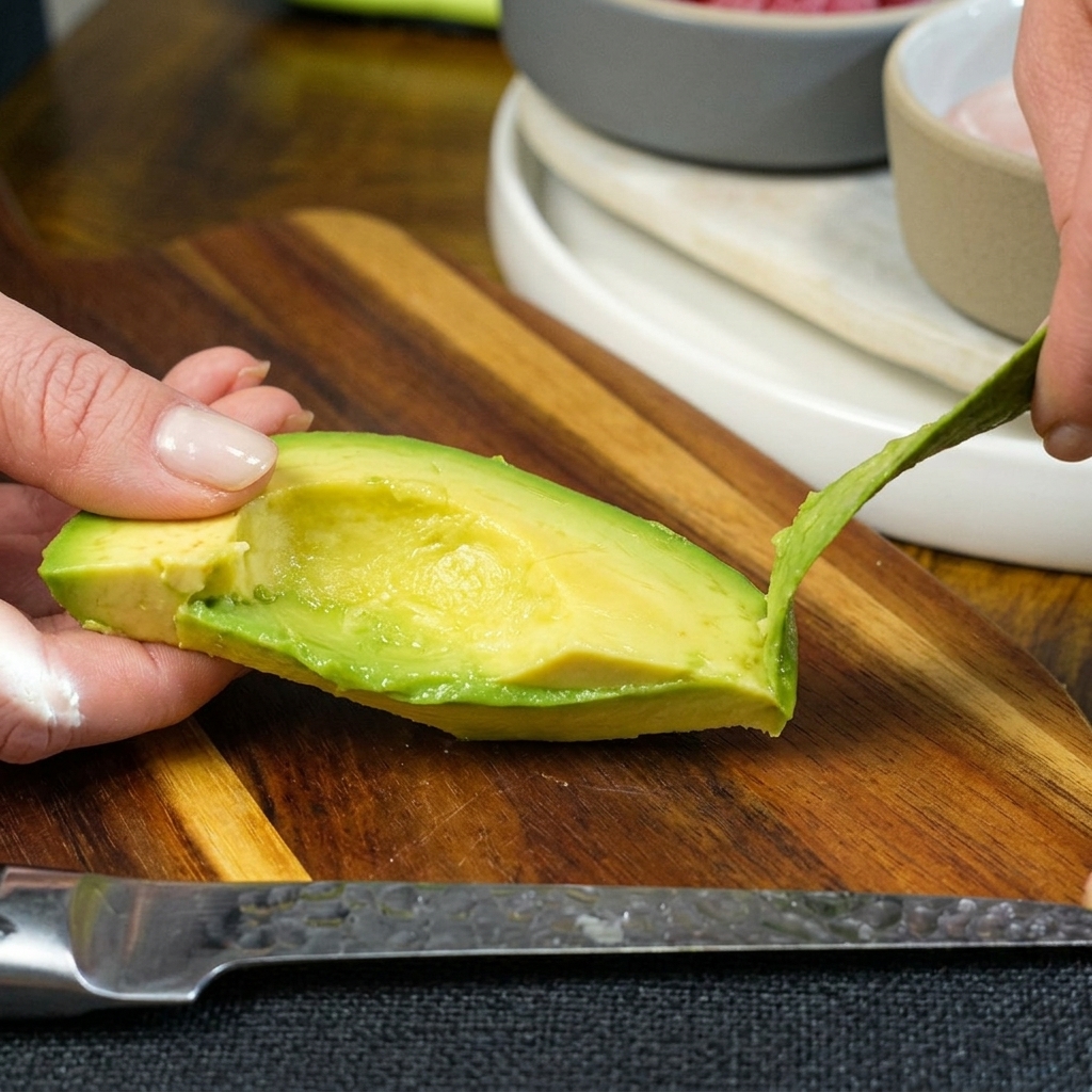 Dos manos retirando suavemente la piel verde y rugosa de la mitad de un aguacate fresco sobre una tabla de cortar de madera.