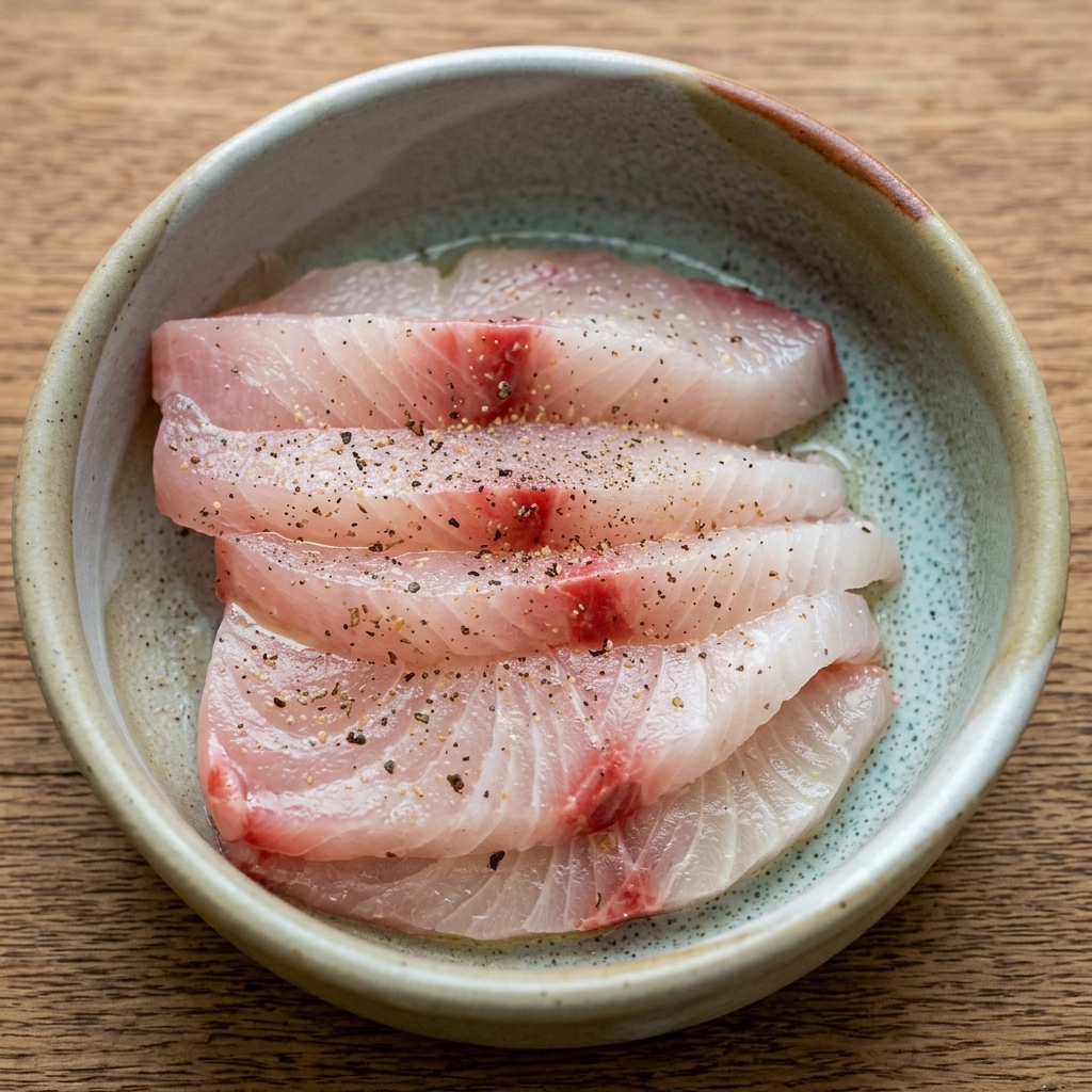 Rebanadas de pez limón crudo y blanco dispuestas ordenadamente en un bol, sazonadas con pimienta negra molida y un ligero glaseado de aceite y jugo de limón.