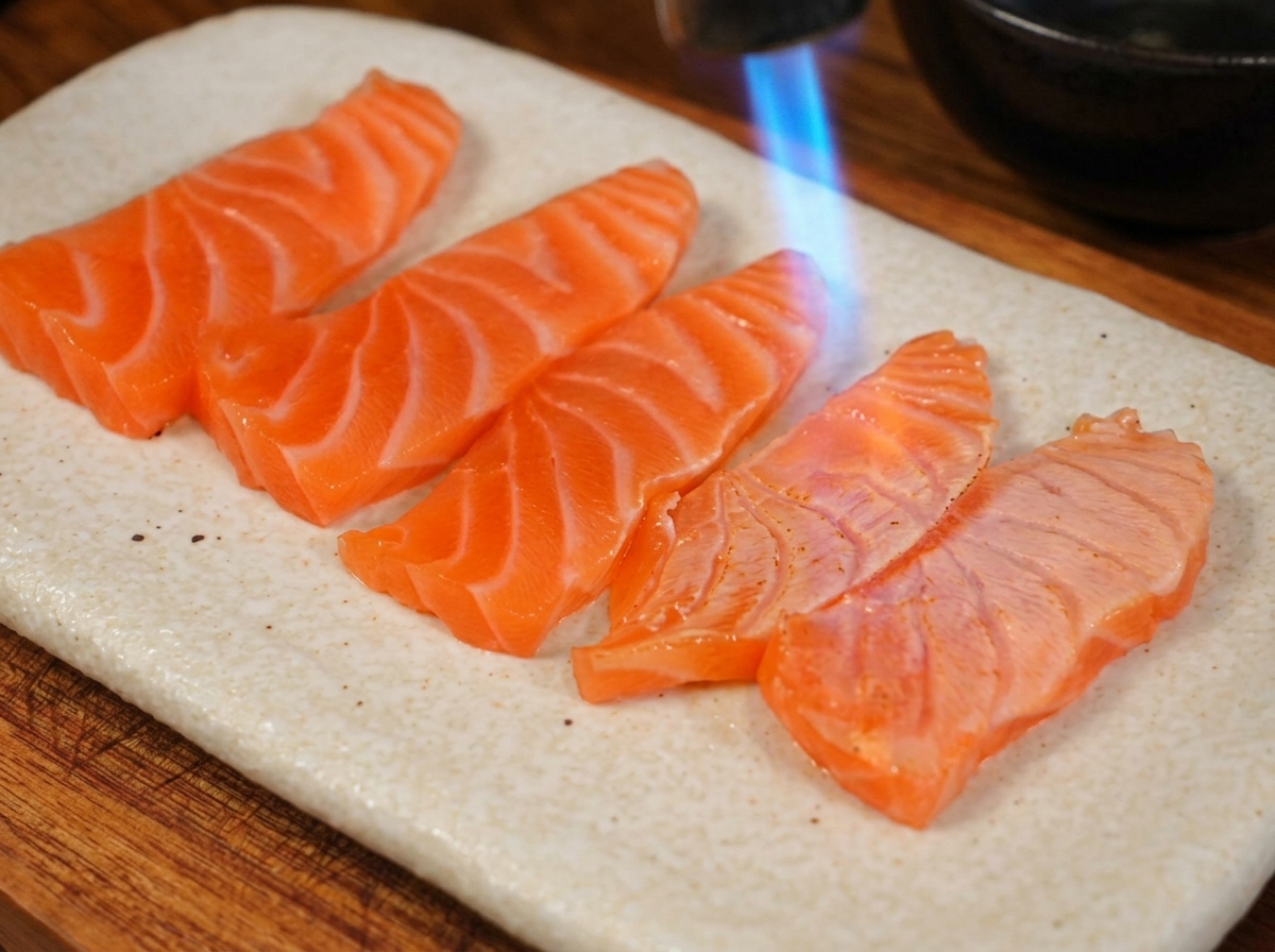 Una llama azul brillante de un soplete de cocina braseando la superficie superior de rebanadas gruesas de salmón naranja que descansan en un plato blanco texturizado.