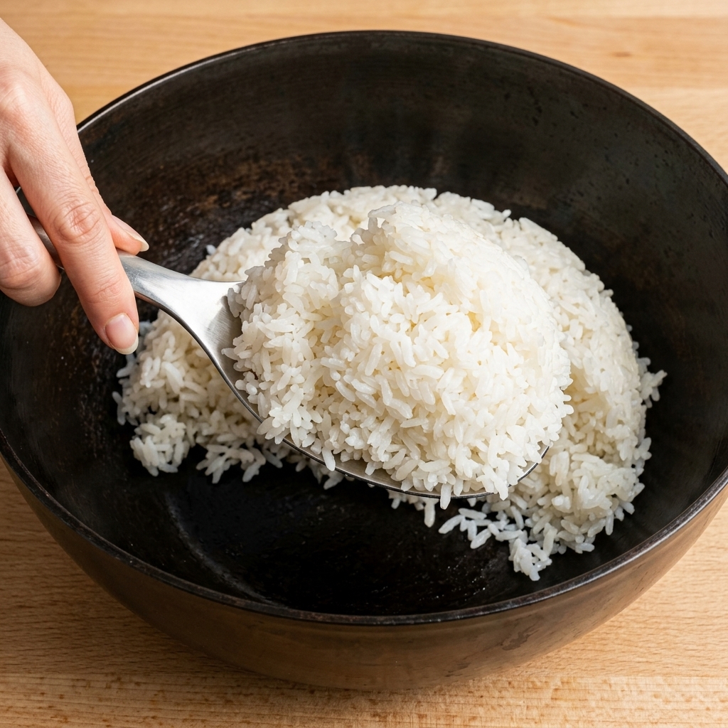 Una mano usando una cuchara metálica grande para servir arroz para sushi sazonado, blanco y esponjoso, en un bol de cerámica oscura y texturizada.