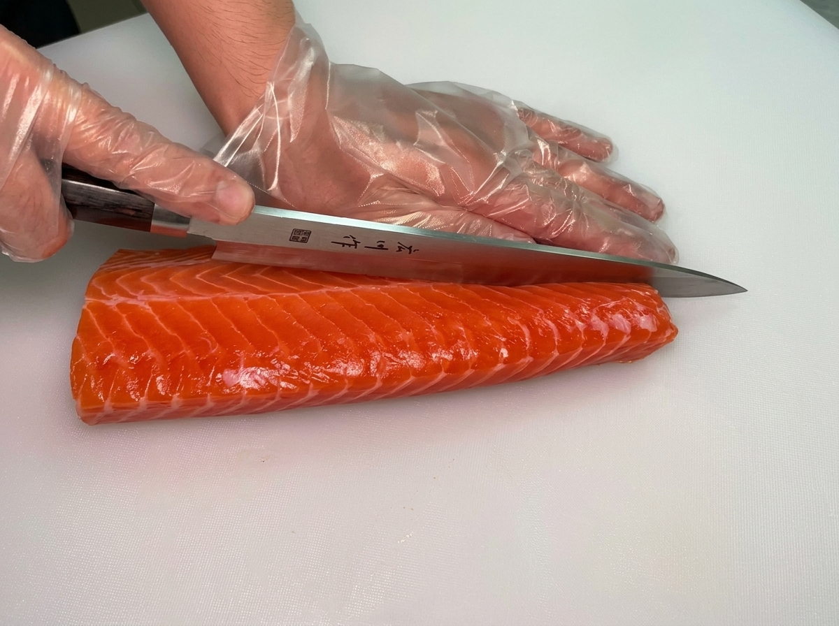 Manos con guantes usando un cuchillo largo para sashimi para cortar un filete de salmón crudo grande por la mitad sobre una tabla blanca.
