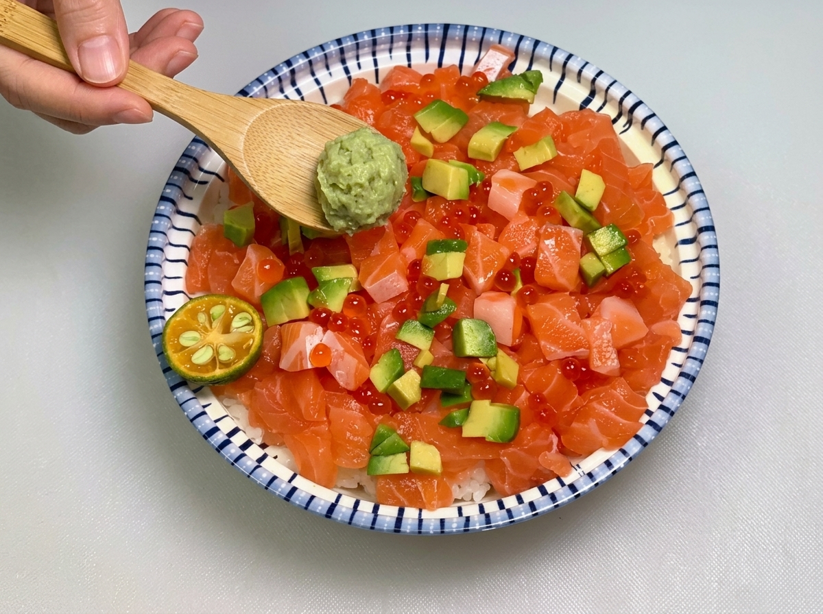 Una cuchara de madera colocando una bola de wasabi verde en un tazón de arroz con salmón y aguacate, al lado de una pequeña lima calamansí cortada.