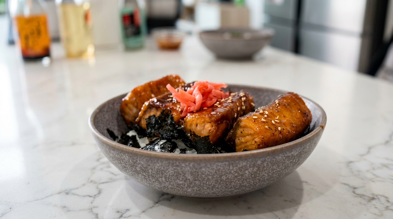 Salmon Kabayaki Don japonés (Bol de arroz con salmón glaseado)