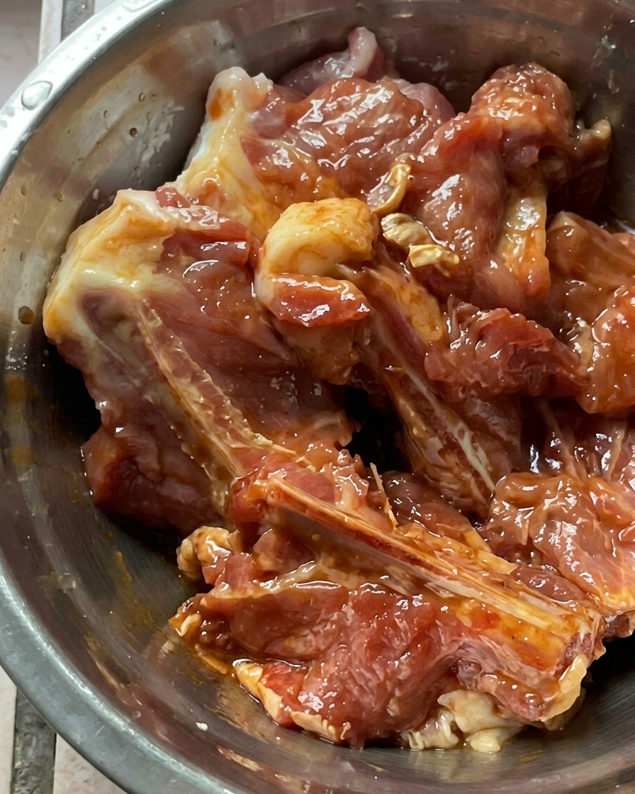 Costillas de cerdo crudas mezcladas con salsas oscuras y almidón en un tazón de acero inoxidable.