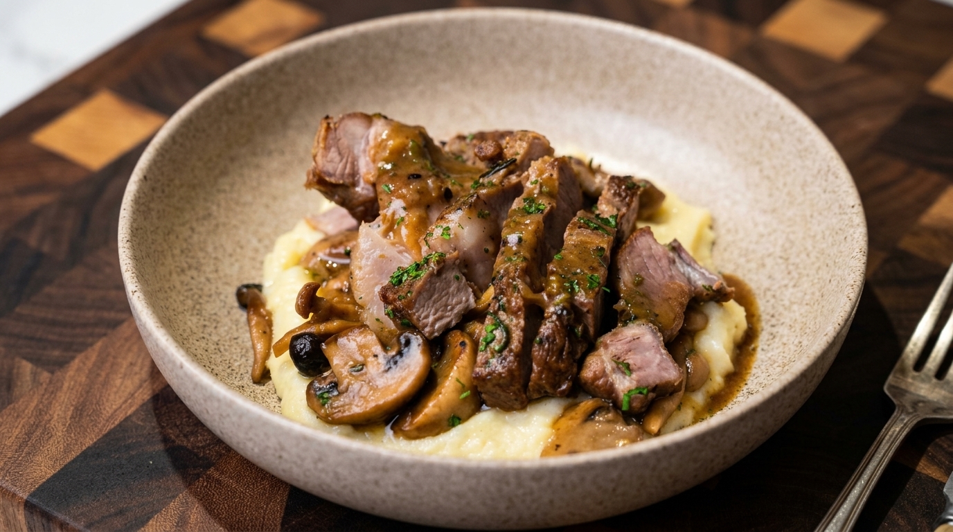 Chuletas de cerdo cremosas a la mantequilla con champiñones y puré de papas