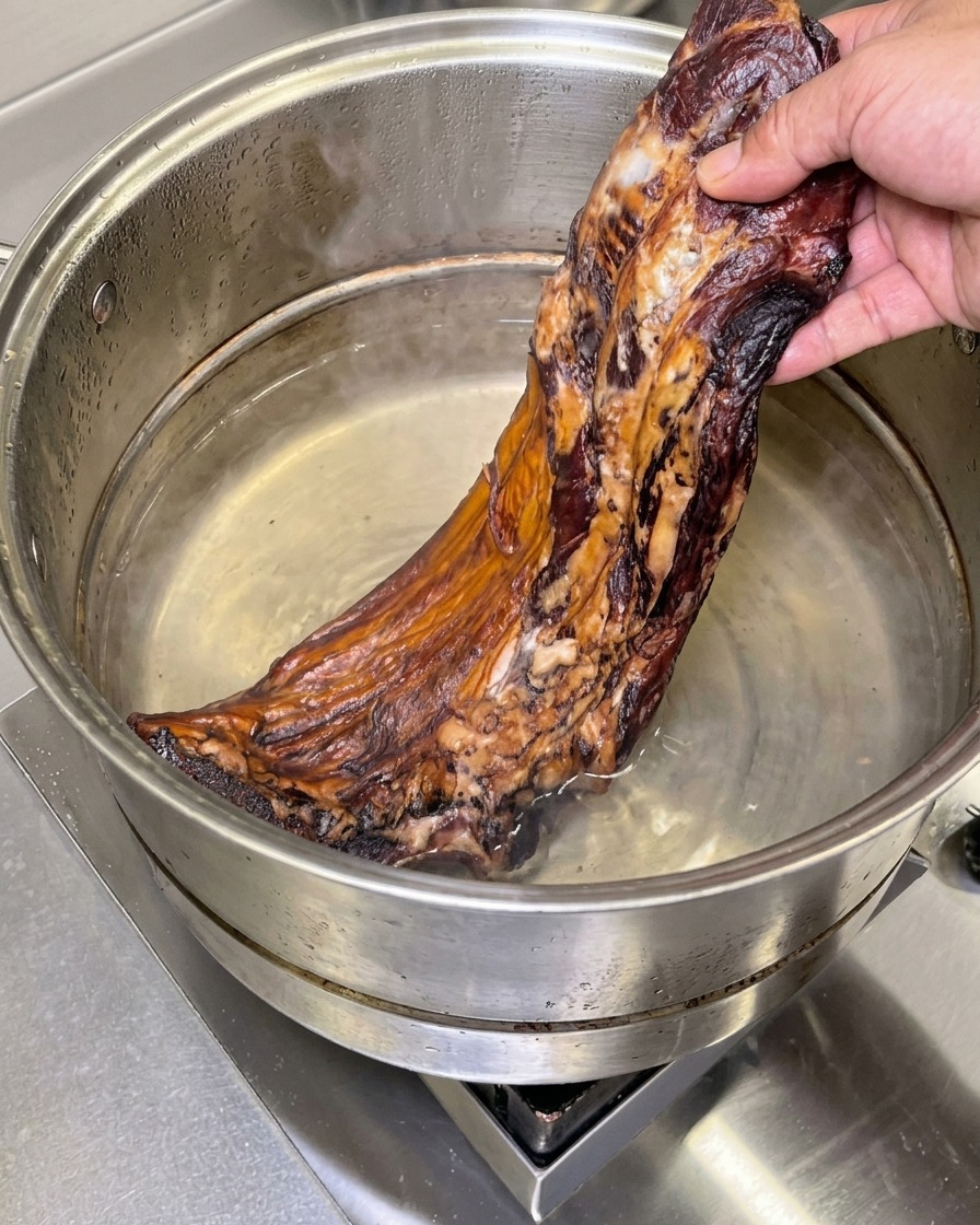Una mano sumergiendo un costillar oscuro y ahumado en una olla de acero inoxidable llena de agua fría.
