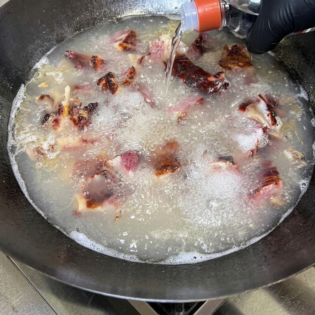 Trozos de costilla de cerdo hirviendo en un wok con agua mientras se vierte licor blanco transparente desde una botella.