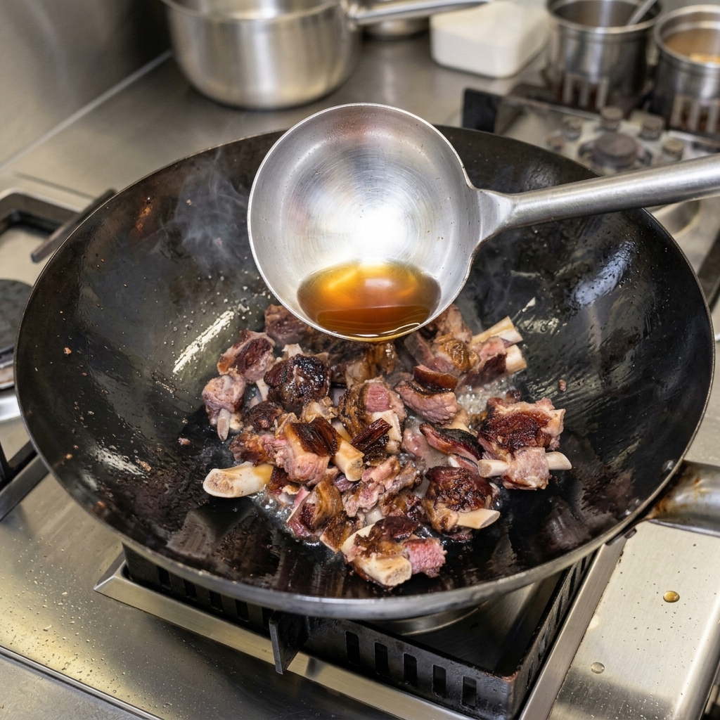 Un cucharón metálico vertiendo salsa de soja oscura sobre las costillas en el wok para aportar color y riqueza al plato.