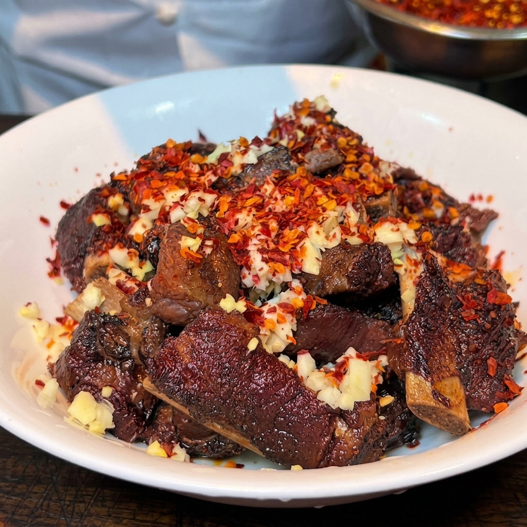 Costillas de cerdo salteadas amontonadas en un bol blanco y cubiertas por una capa de ajo, jengibre picado y chile en polvo.