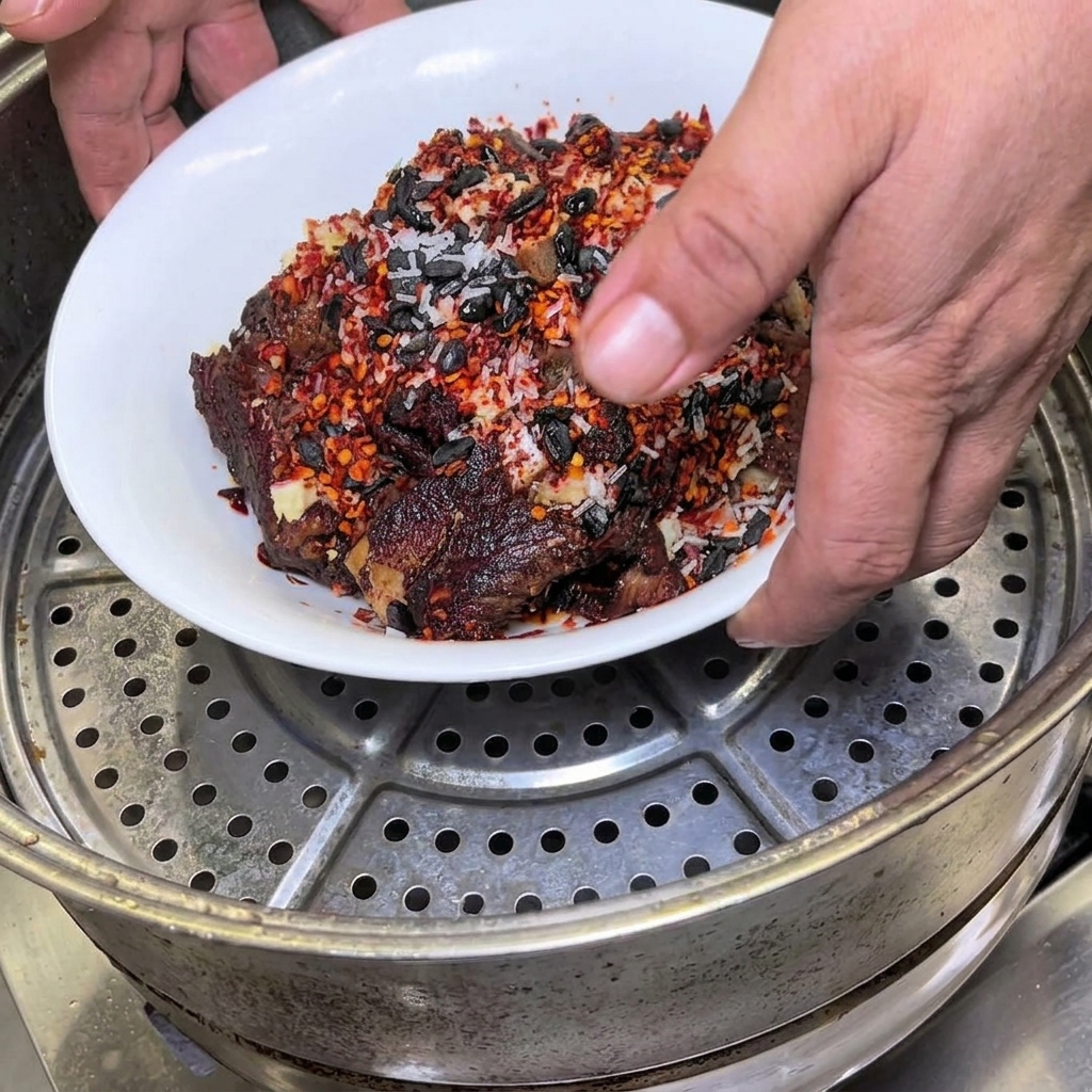 Una persona colocando el bol con las costillas adobadas y los frijoles negros dentro de una vaporera metálica redonda.