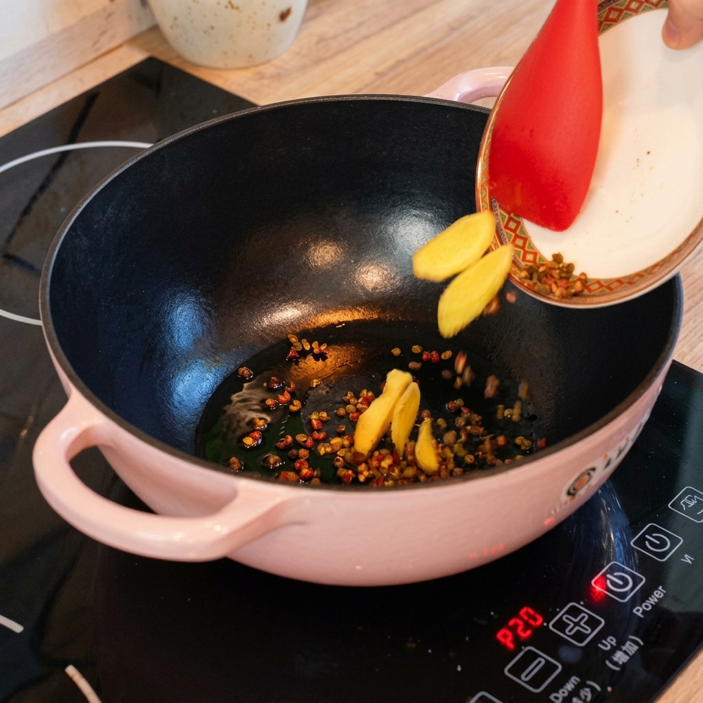 Rodajas de jengibre fresco siendo añadidas con una espátula roja desde un plato a una olla rosa que contiene aceite caliente y granos de pimienta de Sichuan.