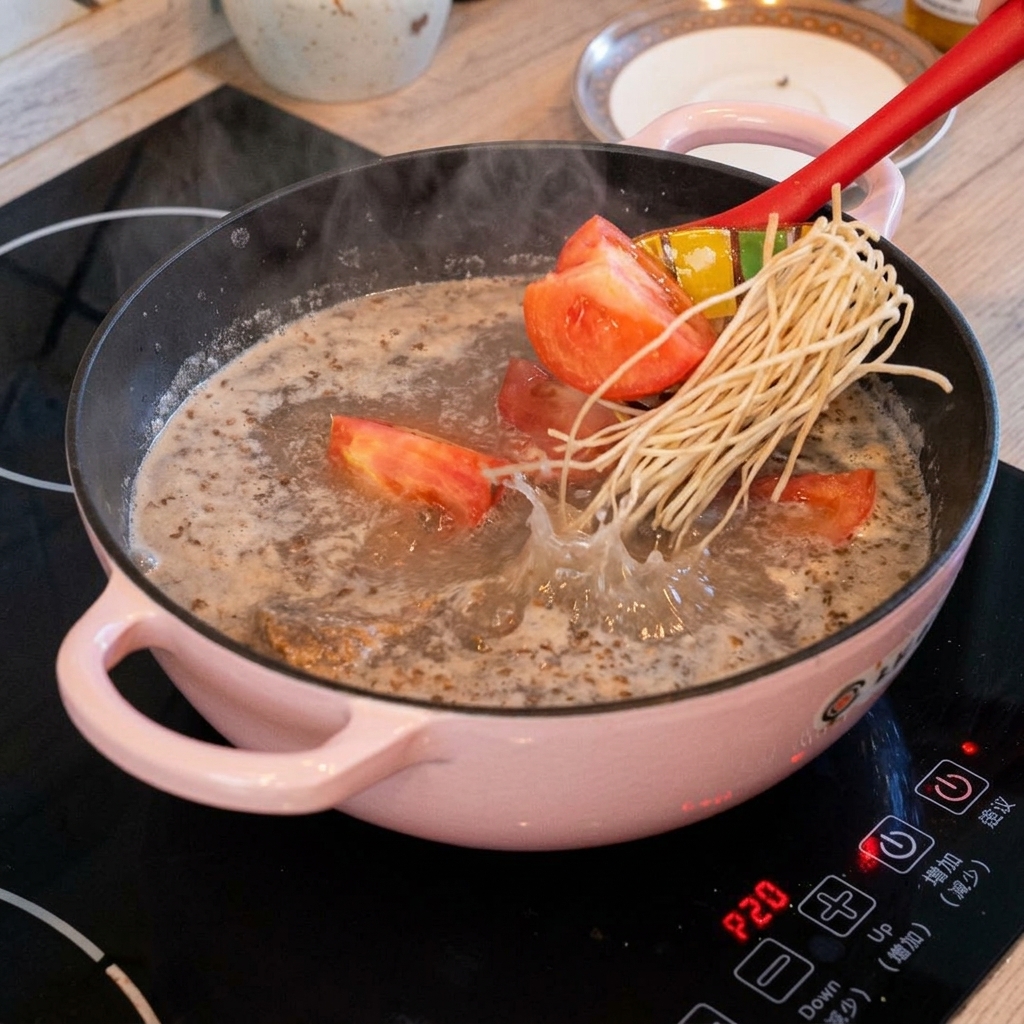 Gajos de tomate fresco y un manojo de raíces largas de cebollino chino siendo añadidos a una olla hirviendo de sopa de costillas.