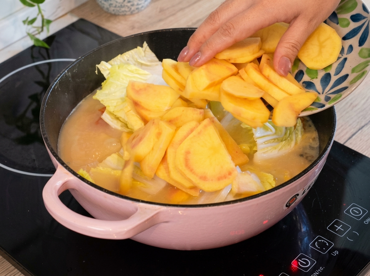 Una mano deslizando rodajas de patata desde un plato decorado hacia un hot pot rosa lleno de caldo blanco y col china.