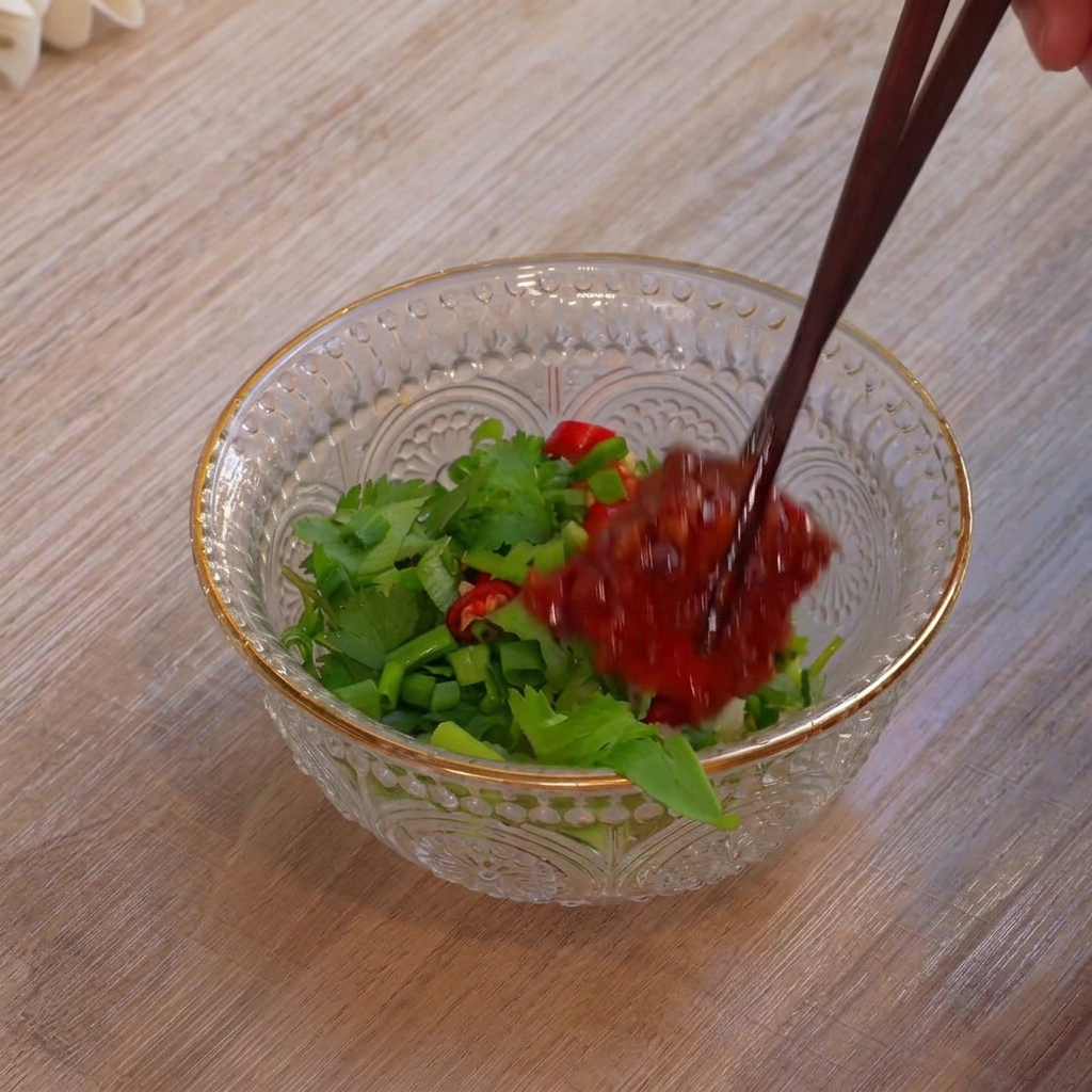 Palillos colocando un dado de tofu rojo fermentado en un bol de cristal con cilantro picado, cebolleta y chiles rojos.