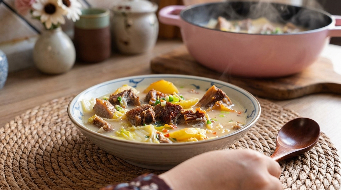 Un reconfortante tazón de hot pot de costillas de cerdo curadas de Lijiang, con un rico caldo lechoso, col china fresca y tiernas patatas.