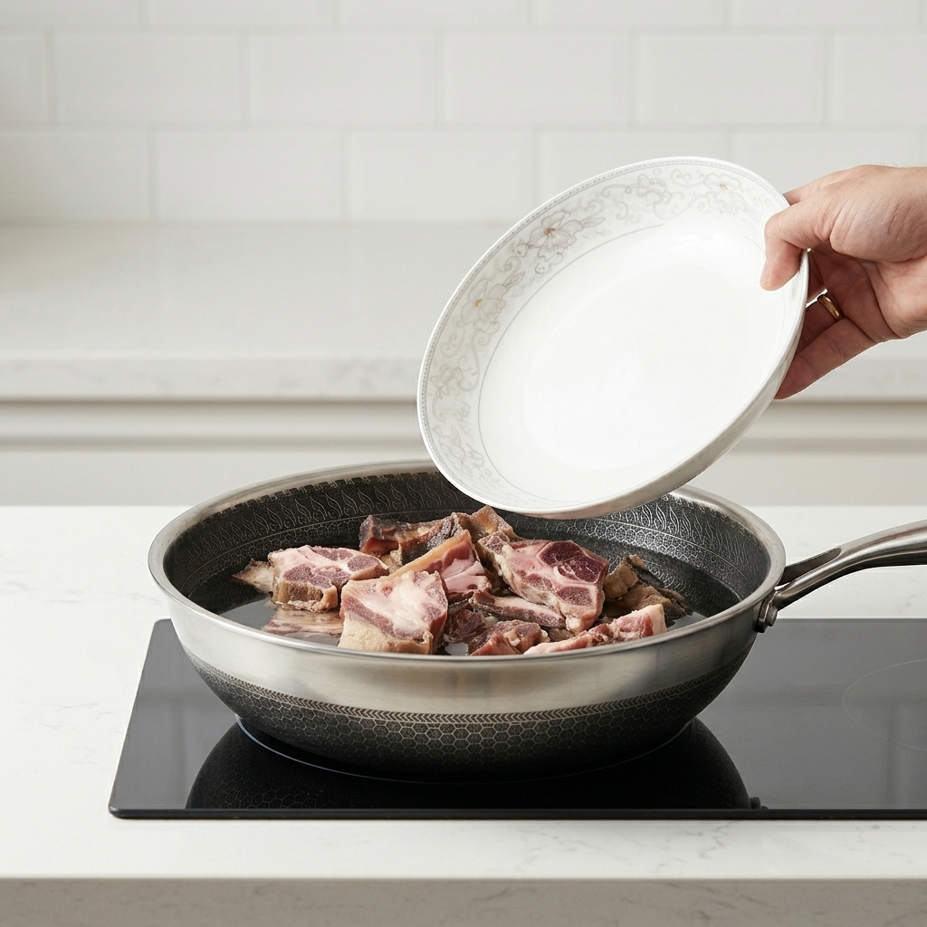 Una mano vertiendo costillas de cerdo curadas troceadas desde un plato blanco hacia un wok de acero inoxidable lleno de agua fría.