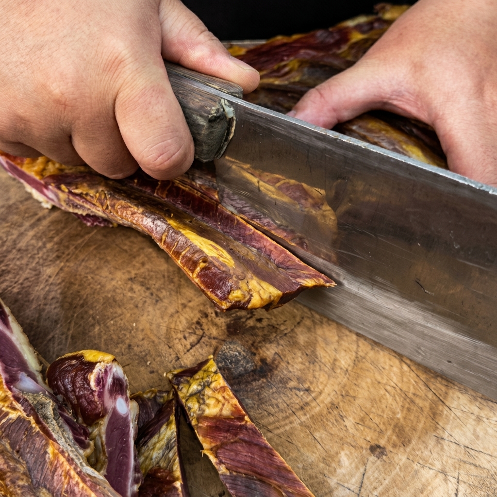 Primer plano de unas manos utilizando un hacha de cocina pesada para trocear un bloque de costillas de cerdo curadas sobre una tabla de cortar de madera.