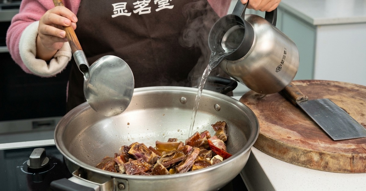 Agua hirviendo cayendo desde un termo de acero inoxidable a un wok lleno de costillas de cerdo curadas y especias aromáticas.