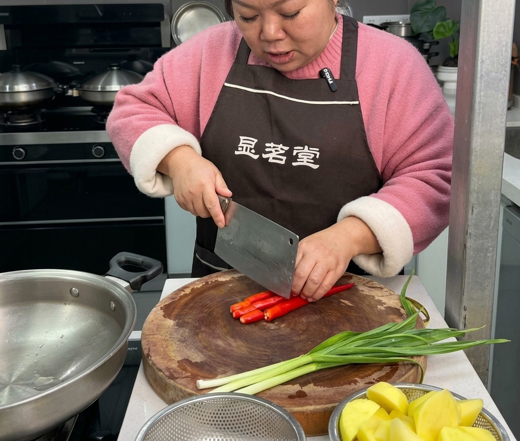 Una mujer cortando chiles rojos brillantes en una tabla de picar de madera, con brotes de ajo verde frescos al lado.
