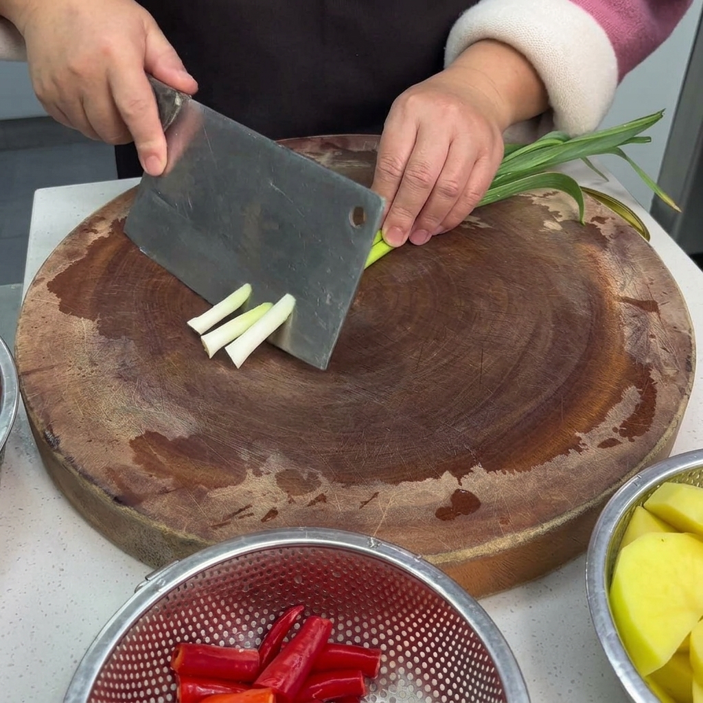 Primer plano de unas manos utilizando un cuchillo de cocina para trocear brotes de ajo verde sobre una tabla de cortar de madera, con chiles rojos y patatas visibles en cuencos.