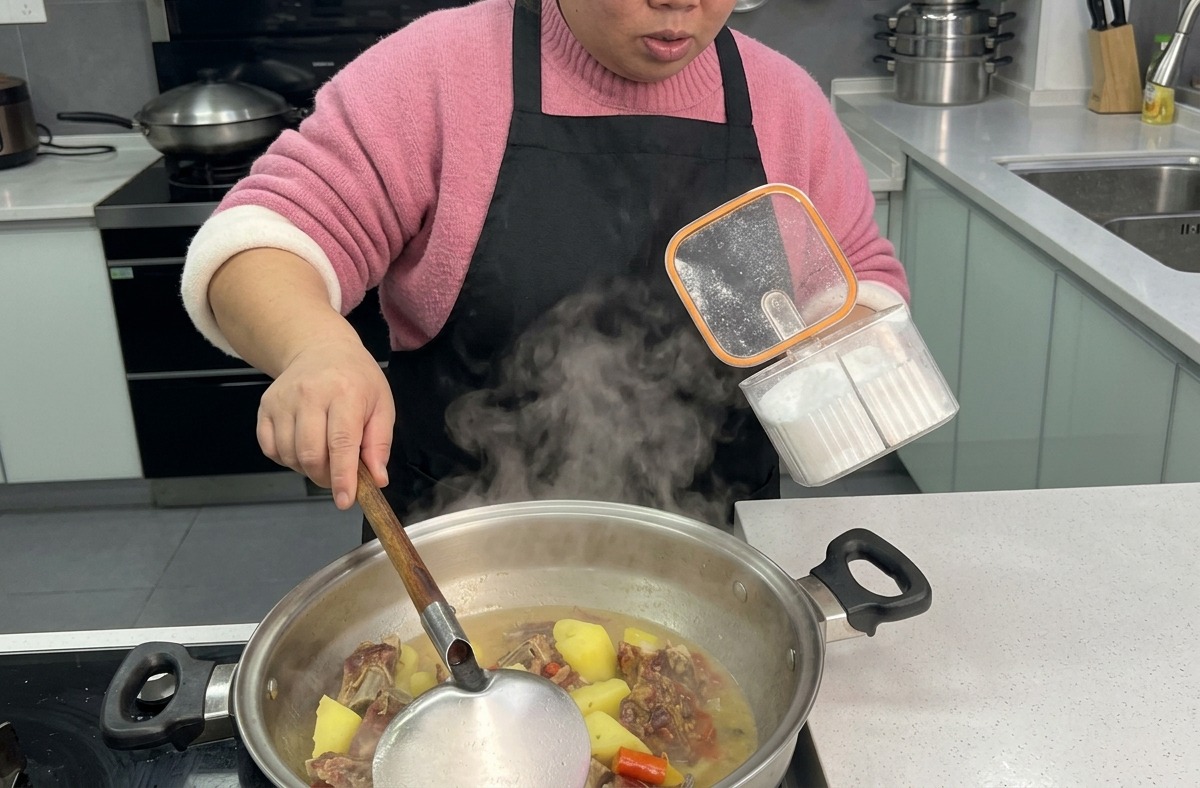 Una mujer añadiendo una cucharada de sazonador desde un recipiente transparente a un wok hirviendo con costillas de cerdo y patatas, usando un cucharón grande para remover.