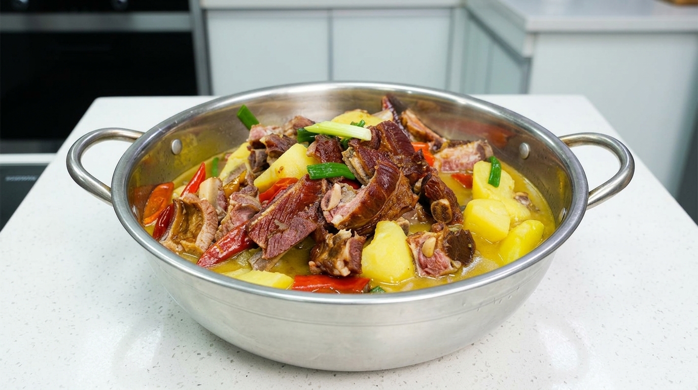 Un cuenco de acero inoxidable lleno de un rico estofado de costillas de cerdo curadas y patatas, bellamente decorado con brotes de ajo verde frescos y chiles rojos.