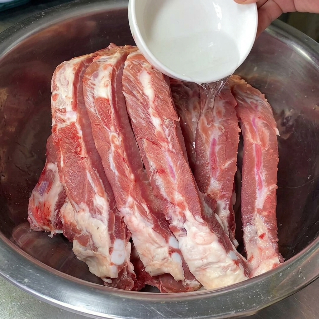 Licor blanco transparente de alta graduación vertiéndose desde un pequeño cuenco blanco sobre costillas de cerdo crudas en un recipiente de metal.