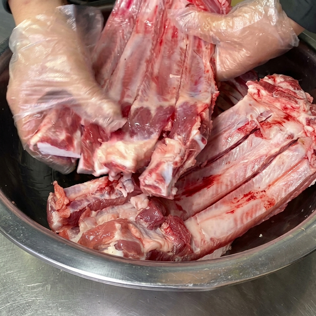 Un par de manos con guantes frotando y masajeando licor transparente en las costillas de cerdo crudas dentro de un tazón de acero inoxidable.