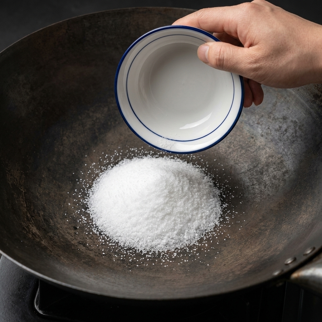 Un cuenco pequeño vertiendo una montaña de sal blanca de cocina en un wok negro curado.