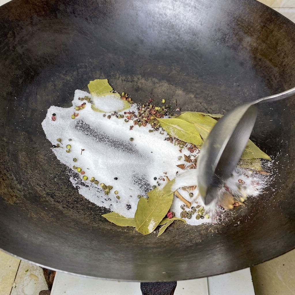 Un cucharón de metal mezclando sal blanca gruesa, pimienta de Sichuan verde y hojas de laurel dentro de un wok oscuro.
