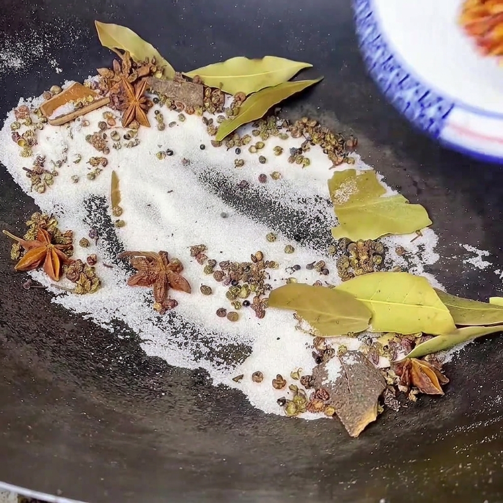 Chile en polvo rojo vertiéndose desde un cuenco en un wok que contiene sal tostada, hojas de laurel, anís estrellado y otras especias enteras.