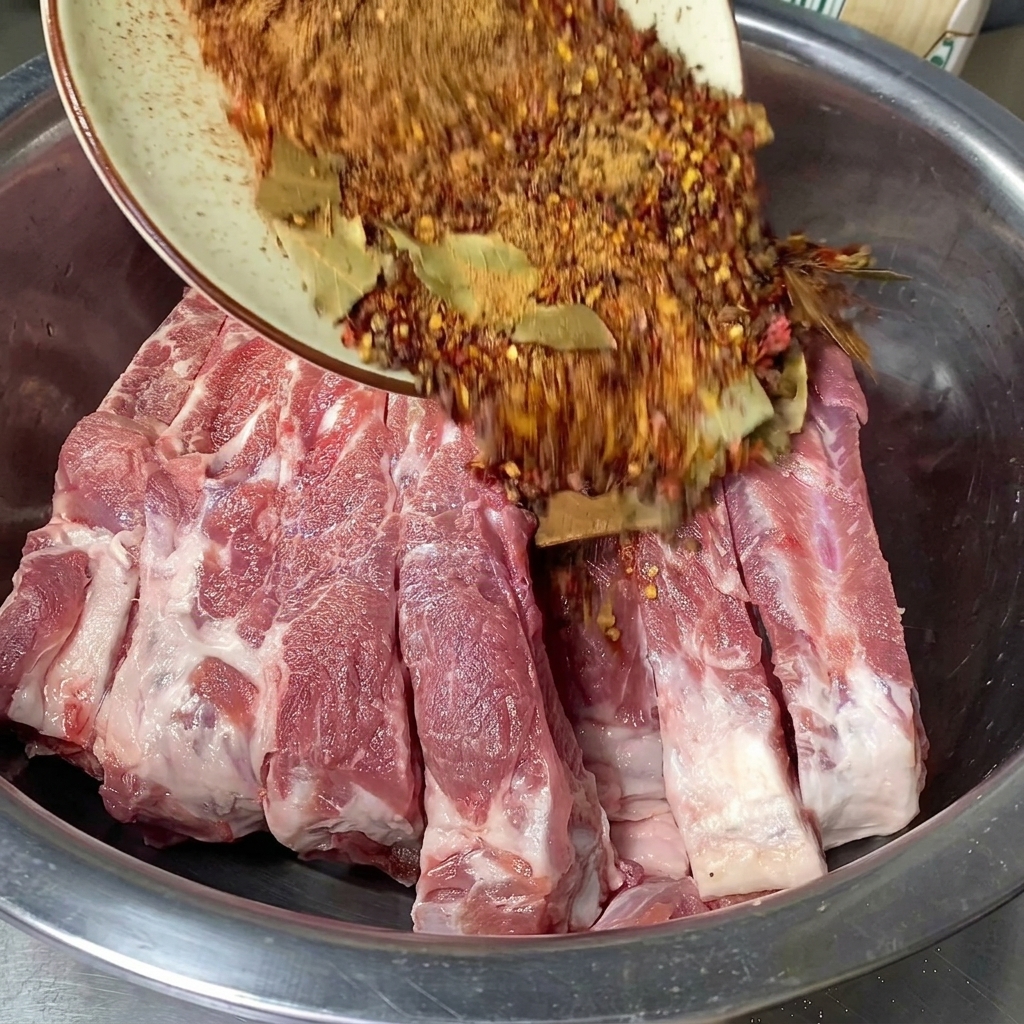 Un plato vertiendo una mezcla enfriada de especias y sal de color marrón rojizo sobre costillas de cerdo crudas en un recipiente de metal.
