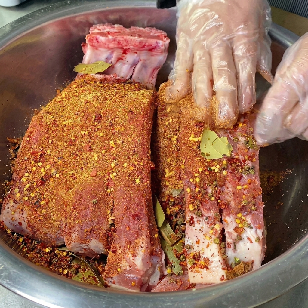 Manos con guantes frotando firmemente una mezcla vibrante de especias rojas y sal sobre tiras largas de costillas de cerdo en un tazón.