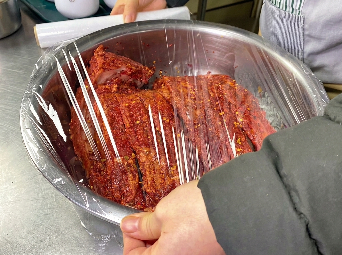 Film plástico transparente tirándose de un rollo para sellar un recipiente de acero inoxidable con costillas de cerdo condimentadas.
