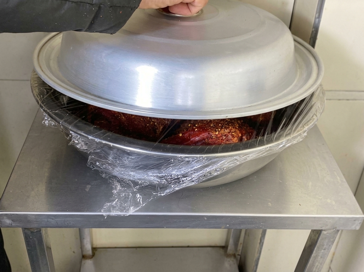 Un tazón grande de acero inoxidable lleno de costillas de cerdo rojas profundamente sazonadas envuelto en film plástico transparente, con una mano colocando una gran tapa metálica plateada encima.