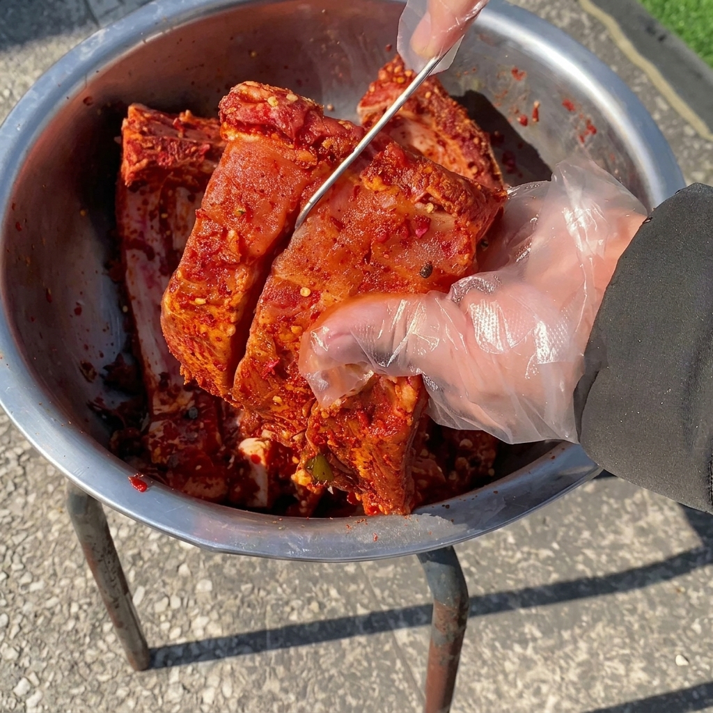 Un plano detalle de una mano con guante pasando un gancho en S de acero inoxidable a través de una tira gruesa de costillas de cerdo de color rojo vibrante cubiertas de especias sobre un recipiente de metal.